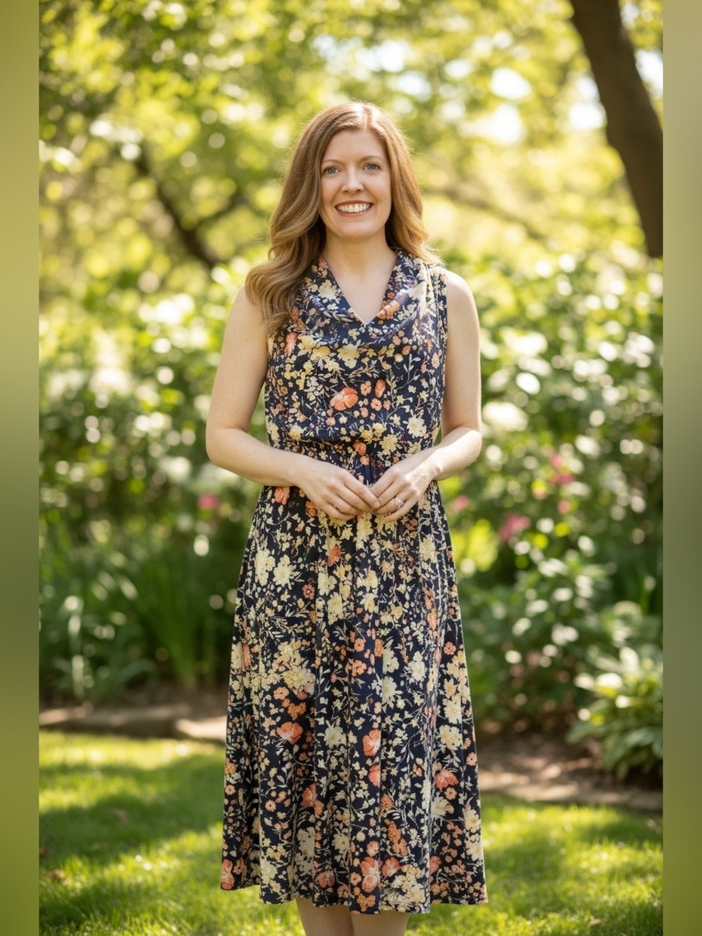 Anne Klein Navy Floral Midi Dress with Coral and Cream Blooms